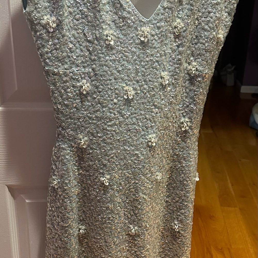 Blue and White Sequin Sheath Midi Dress